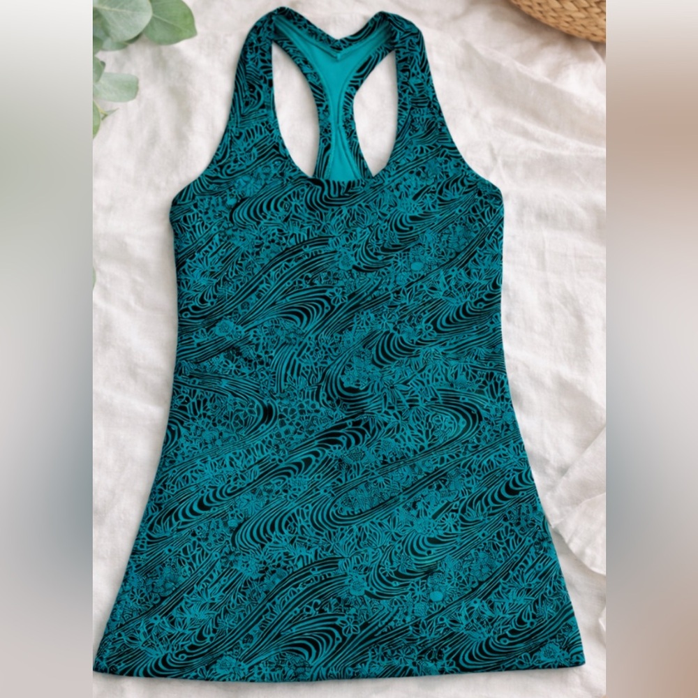 Lululemon Cool Racerback II Teal Black wave floral Tank Top Size 4 Yoga Run